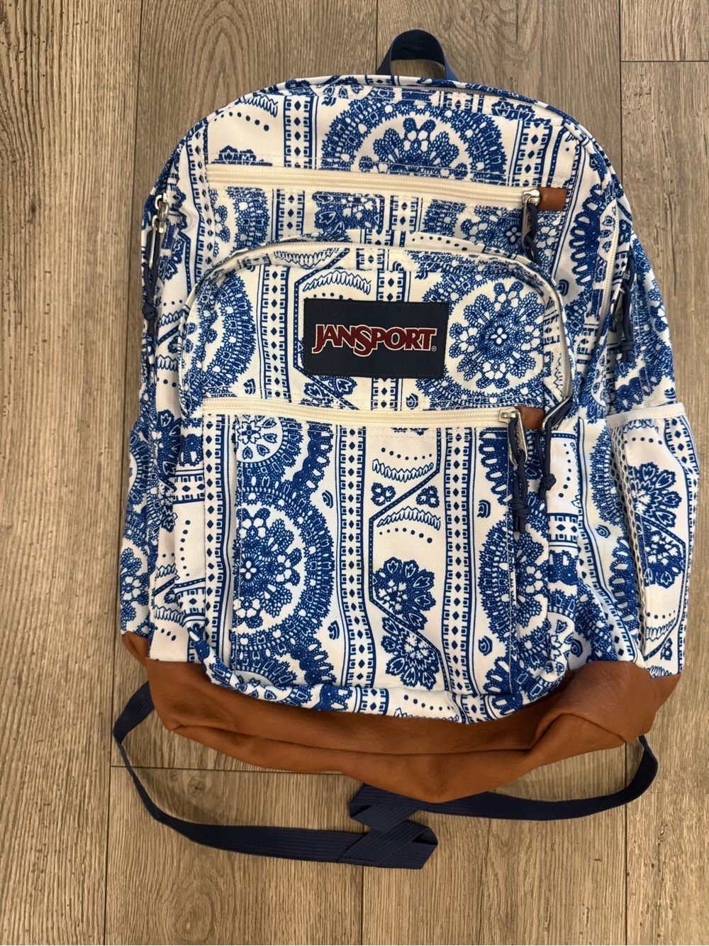 Jansport Blue & White Paisley Floral Print Leather Bottom Backpack